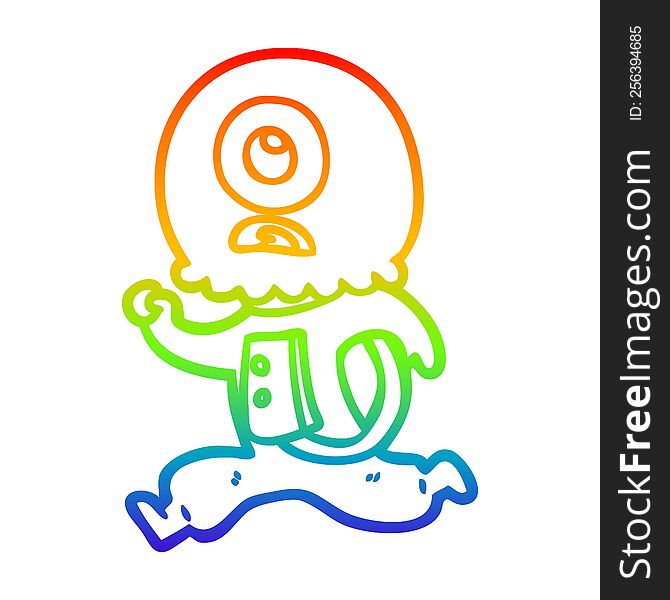 Rainbow Gradient Line Drawing Cartoon Cyclops Alien Spaceman Running
