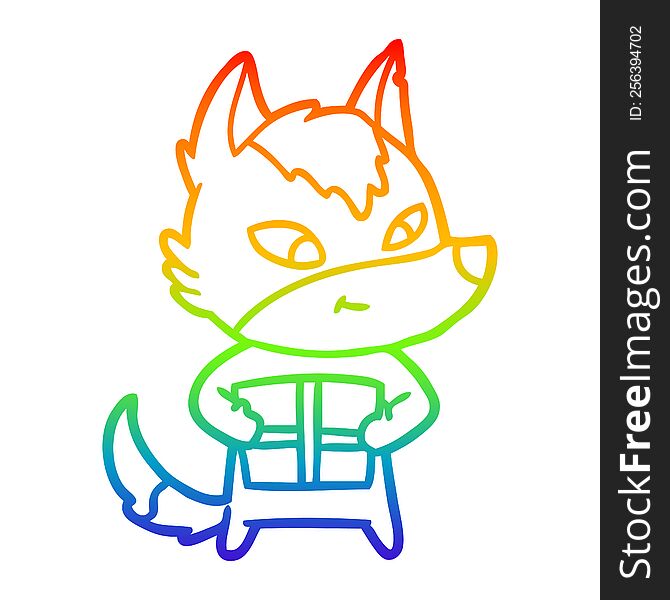 Rainbow Gradient Line Drawing Friendly Cartoon Wolf With Gift