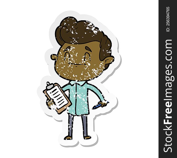 distressed sticker of a happy cartoon man with pen and clipboard