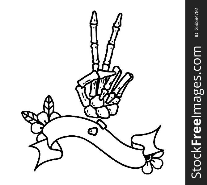 traditional black linework tattoo with banner of a skeleton giving a peace sign. traditional black linework tattoo with banner of a skeleton giving a peace sign