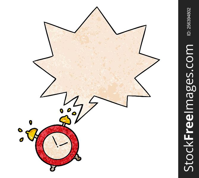 Cartoon Ringing Alarm Clock And Speech Bubble In Retro Texture Style