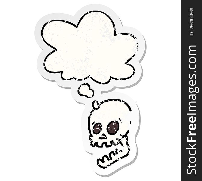 Laughing Skull Cartoon And Thought Bubble As A Distressed Worn Sticker