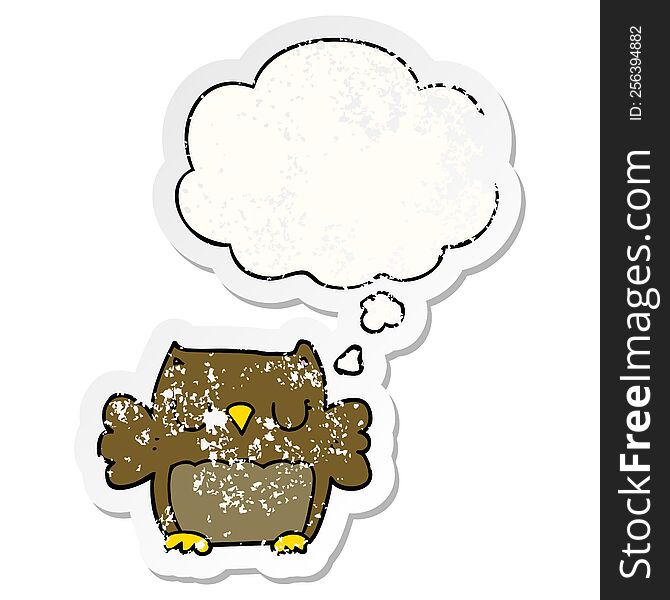 Cute Cartoon Owl And Thought Bubble As A Distressed Worn Sticker