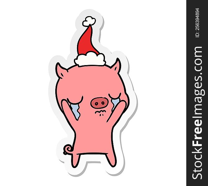 Sticker Cartoon Of A Pig Crying Wearing Santa Hat