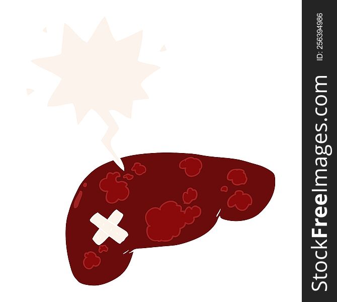cartoon unhealthy liver with speech bubble in retro style