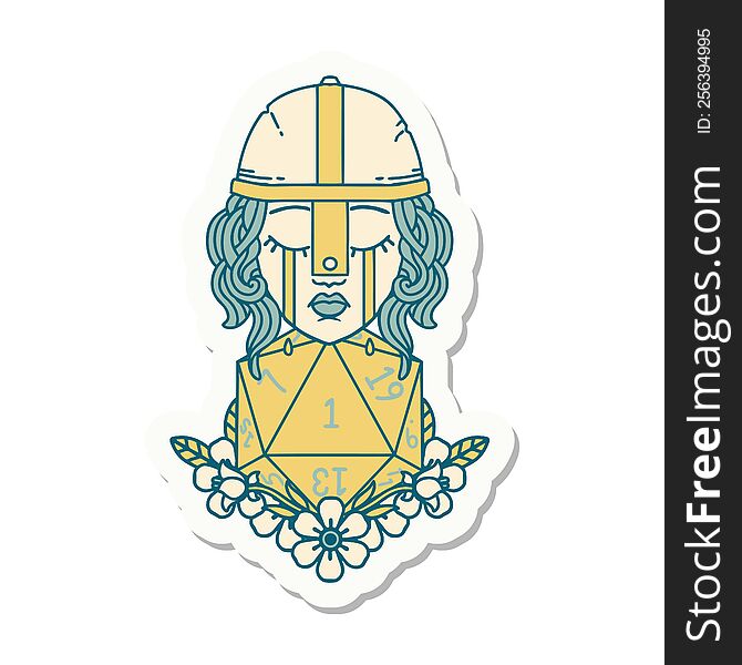 sticker of a crying human fighter with natural one D20 roll. sticker of a crying human fighter with natural one D20 roll