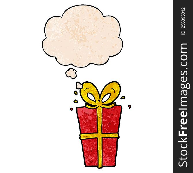 Cartoon Wrapped Gift And Thought Bubble In Grunge Texture Pattern Style