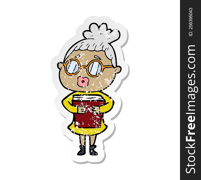 distressed sticker of a cartoon woman with book wearing spectacles