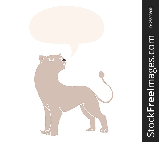 cartoon lioness with speech bubble in retro style