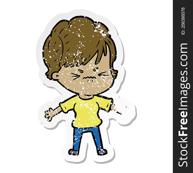 Distressed Sticker Of A Cartoon Frustrated Woman