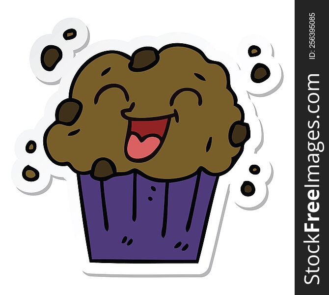 sticker of a quirky hand drawn cartoon happy muffin