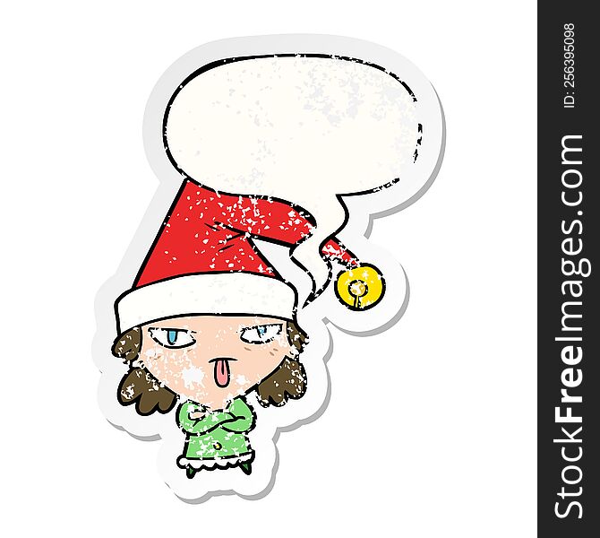 cartoon girl wearing christmas hat with speech bubble distressed distressed old sticker. cartoon girl wearing christmas hat with speech bubble distressed distressed old sticker