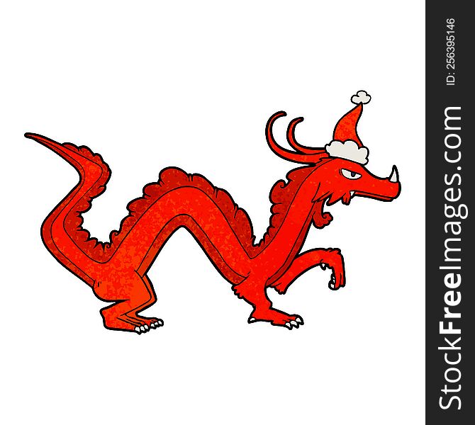hand drawn textured cartoon of a dragon wearing santa hat