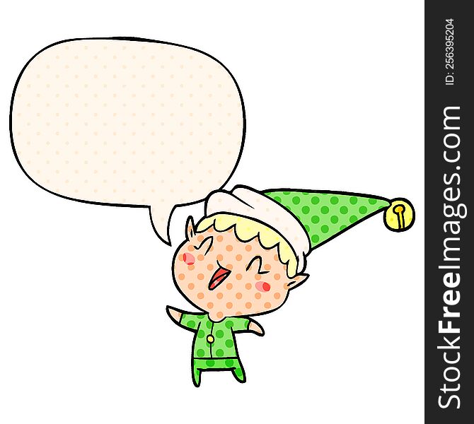 Cartoon Happy Christmas Elf And Speech Bubble In Comic Book Style