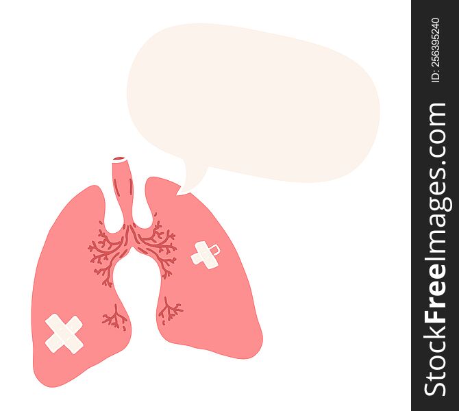 cartoon lungs with speech bubble in retro style