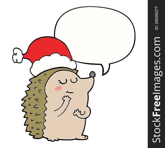 Cartoon Hedgehog Wearing Christmas Hat And Speech Bubble