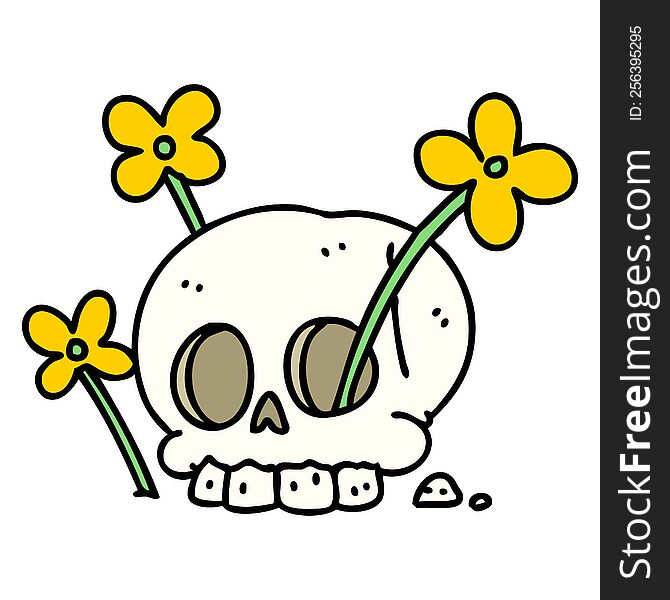 cartoon of a skull with flowers growing