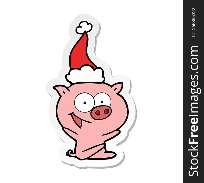 Cheerful Sitting Pig Sticker Cartoon Of A Wearing Santa Hat