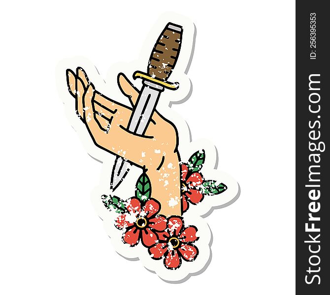 distressed sticker tattoo in traditional style of a dagger in the hand. distressed sticker tattoo in traditional style of a dagger in the hand