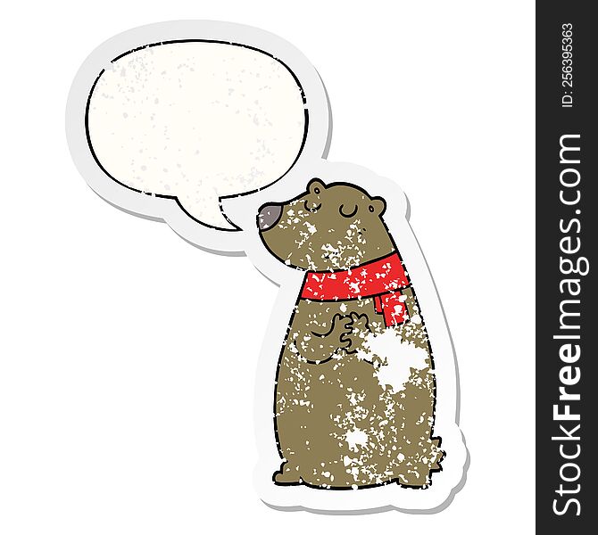 Cartoon Bear Wearing Scarf And Speech Bubble Distressed Sticker