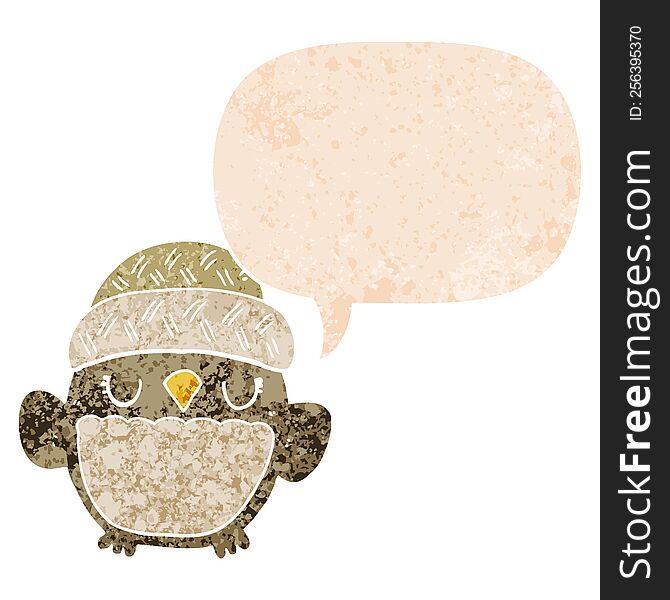 cute cartoon owl in hat with speech bubble in grunge distressed retro textured style. cute cartoon owl in hat with speech bubble in grunge distressed retro textured style