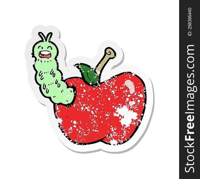 retro distressed sticker of a cartoon bug eating apple