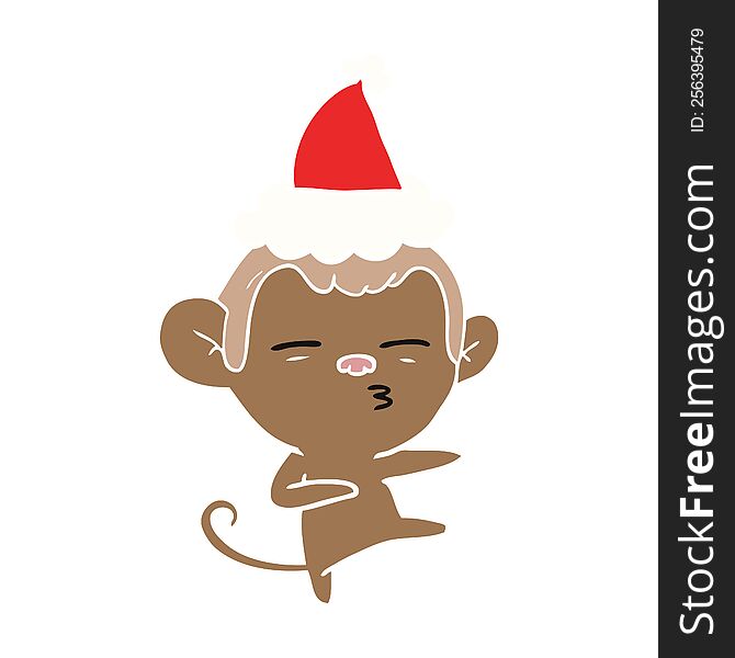 Flat Color Illustration Of A Suspicious Monkey Wearing Santa Hat