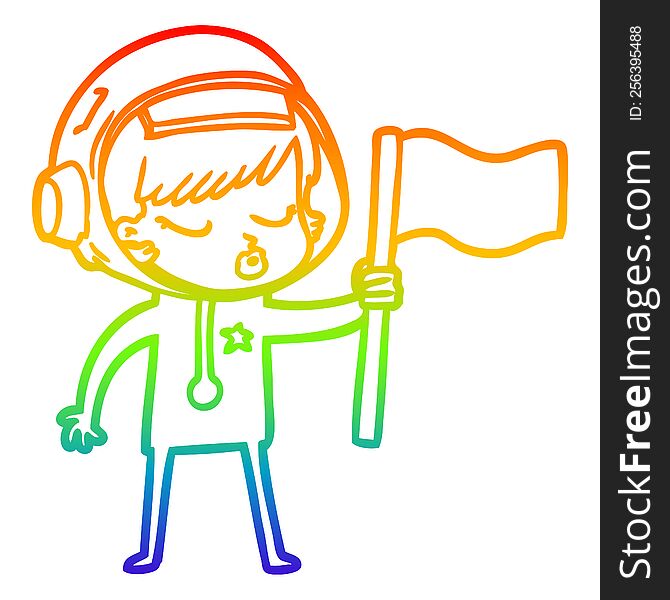 rainbow gradient line drawing of a cartoon pretty astronaut girl planting flag