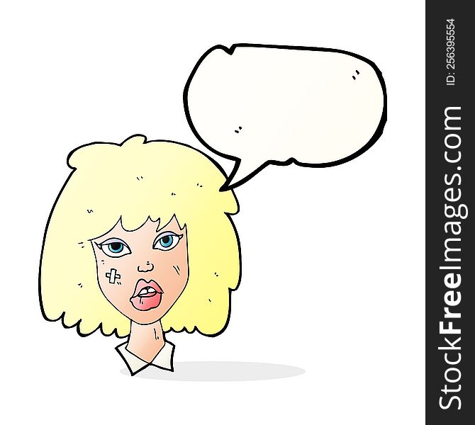 cartoon woman with bruised face with speech bubble