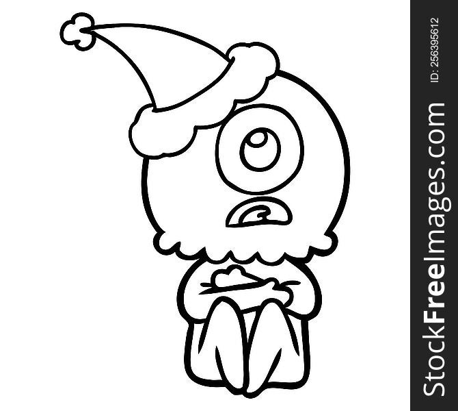 Line Drawing Of A Cyclops Alien Spaceman Wearing Santa Hat