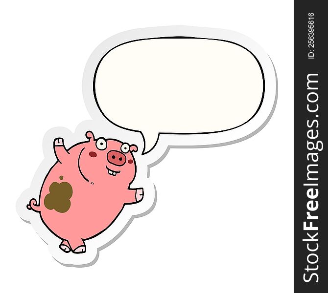 funny cartoon pig with speech bubble sticker. funny cartoon pig with speech bubble sticker