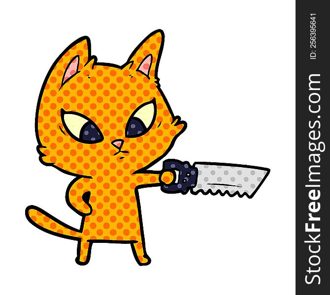 confused cartoon cat with saw. confused cartoon cat with saw