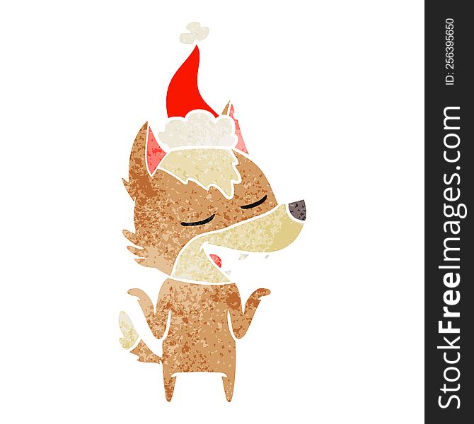 hand drawn retro cartoon of a wolf laughing wearing santa hat