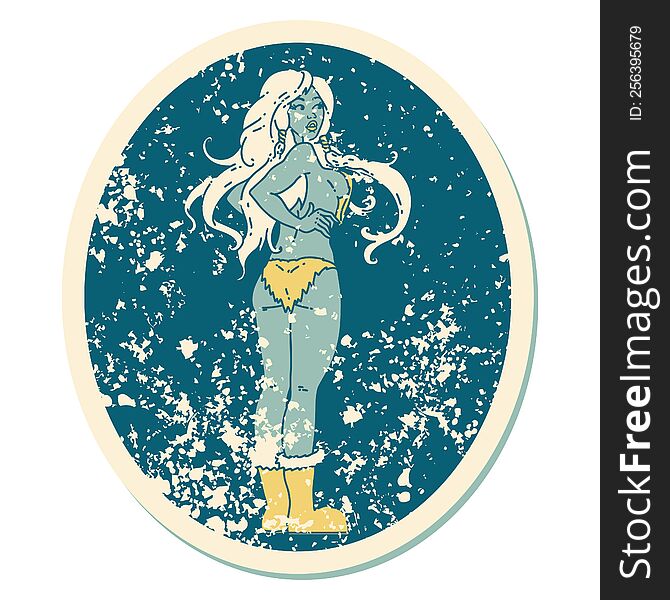 Distressed Sticker Tattoo Style Icon Of A Pinup Viking Girl