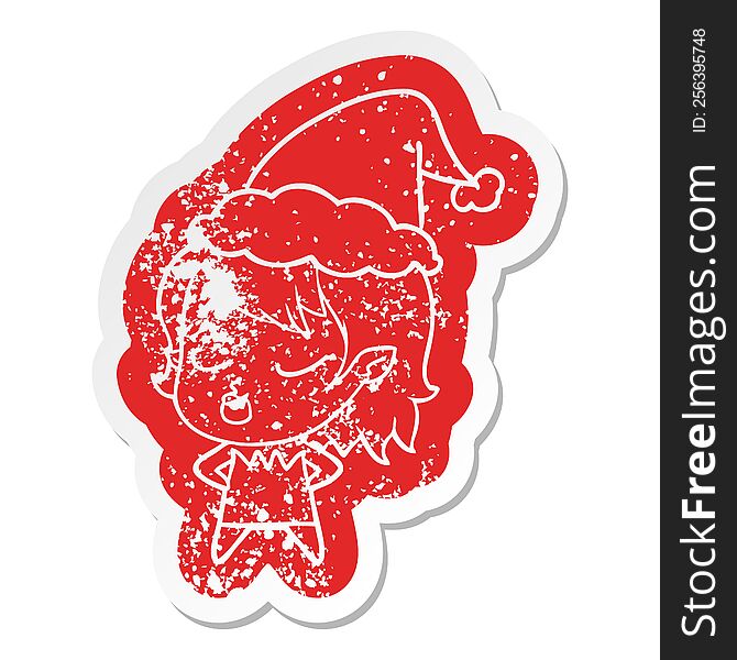 cute quirky cartoon distressed sticker of a vampire girl wearing santa hat