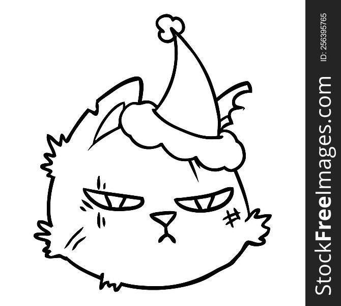 hand drawn line drawing of a tough cat face wearing santa hat