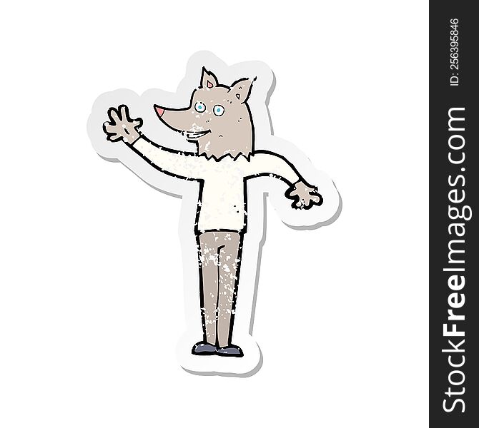 Retro Distressed Sticker Of A Cartoon Waving Wolf Man