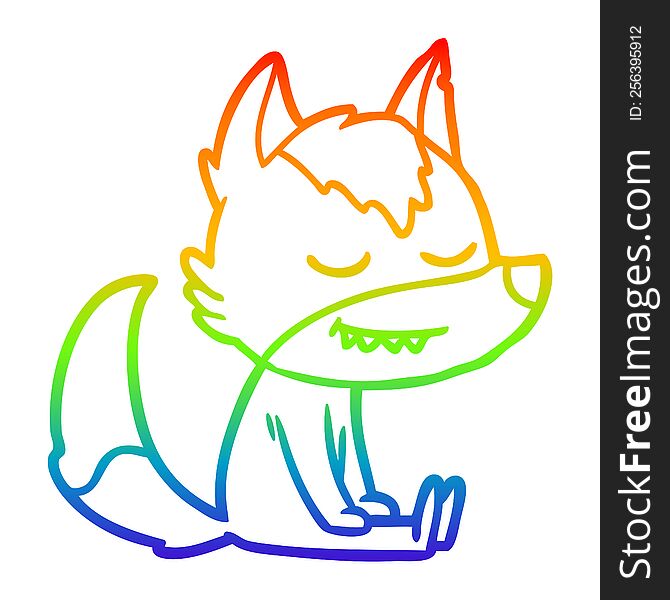 rainbow gradient line drawing of a friendly cartoon wolf sitting down