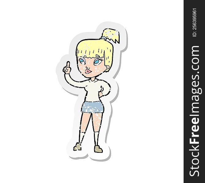 Retro Distressed Sticker Of A Cartoon Attractive Girl With Idea