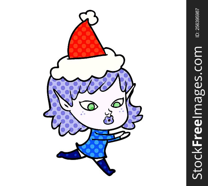 pretty hand drawn comic book style illustration of a elf girl wearing santa hat