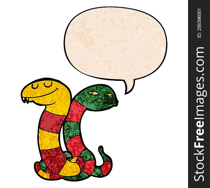 cartoon snakes with speech bubble in retro texture style