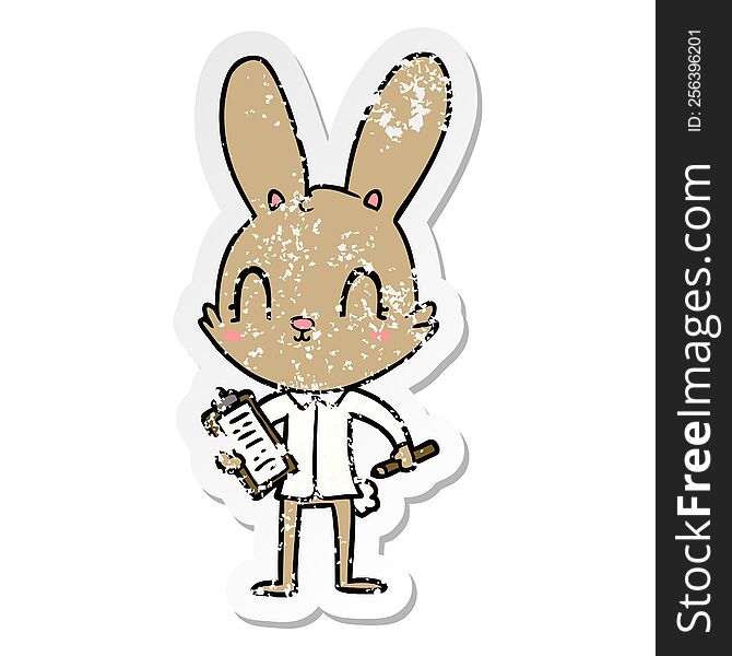 Distressed Sticker Of A Cute Cartoon Rabbit With Clipboard