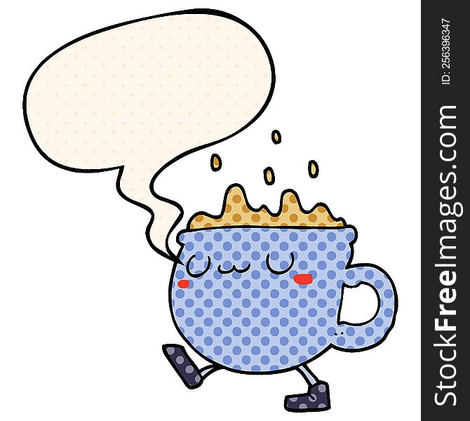 cartoon coffee cup walking with speech bubble in comic book style