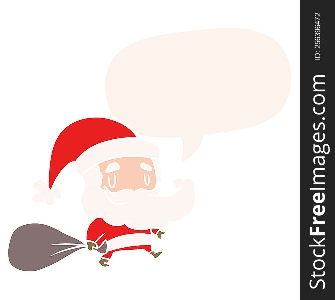 cartoon santa claus carrying sack of presents and speech bubble in retro style