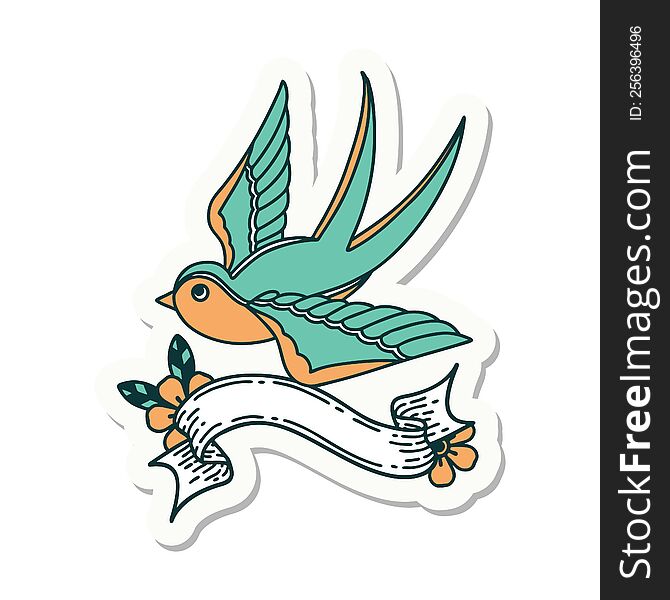 tattoo style sticker with banner of a swallow