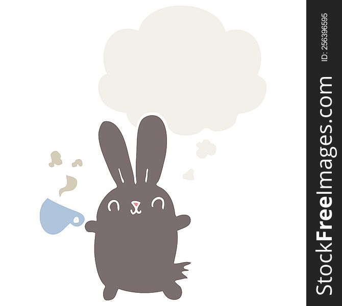 Cute Cartoon Rabbit With Coffee Cup And Thought Bubble In Retro Style