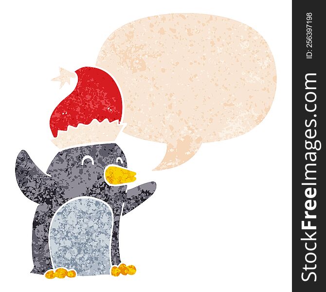 Cute Cartoon Christmas Penguin And Speech Bubble In Retro Textured Style