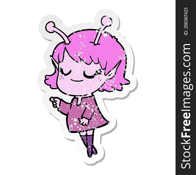 distressed sticker of a smiling alien girl cartoon