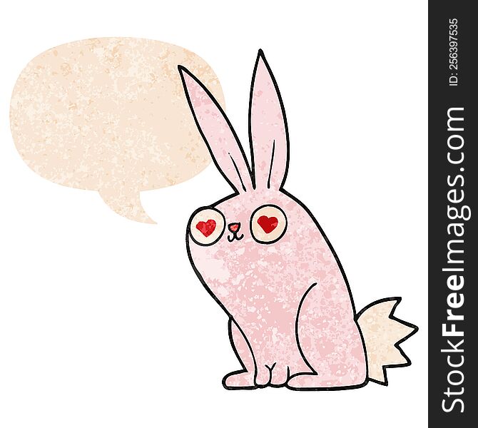Cartoon Bunny Rabbit In Love And Speech Bubble In Retro Textured Style