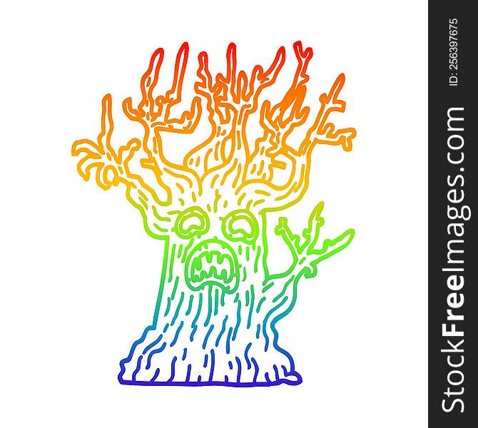 rainbow gradient line drawing of a cartoon spooky tree